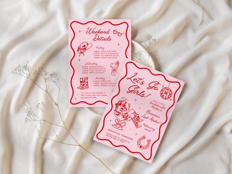 Let's Go Girls Bachelorette Party Invitation Itinerary Western Last Rodeo Bachelorette Cowgirl Hat Hand Drawn Nashville Bachelorette Invite image 6