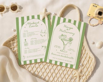 May include: A green and white striped card with the text "Weekend Events" and a schedule of events for a wedding weekend. The card also includes a green and white striped card with the text "Marys Matrimony" and details about the wedding, including the date, location, and a request to join for Oceania's Bachelorette.