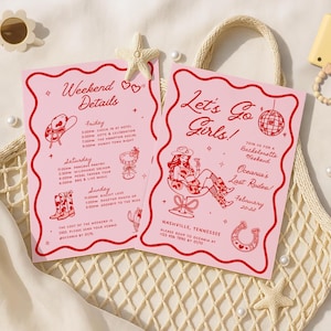 May include: Pink and red invitation cards with a western theme. The text on the cards reads "Weekend Details" and "Let's Go Girls!" with a line drawing of a cowgirl and a disco ball. The cards also include the text "Join us for a Bachelorette Weekend" and "Oceania's Last Rodeo!" with the date "February 20-22".