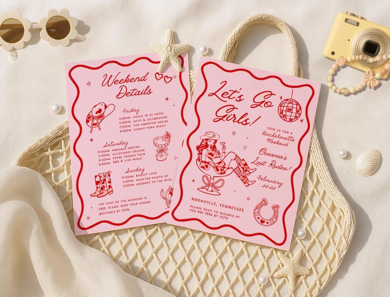 May include: Pink and red invitation cards with a western theme. The text on the cards reads "Weekend Details" and "Let's Go Girls!" with a line drawing of a cowgirl and a disco ball. The cards also include the text "Join us for a Bachelorette Weekend" and "Oceania's Last Rodeo!" with the date "February 20-22".