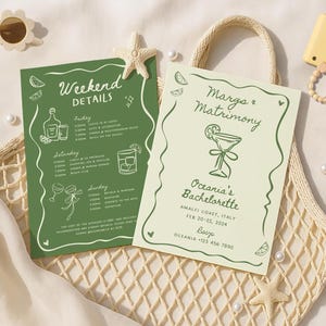 May include: Two green and white cards with text that reads "Weekend Details" and "Margo's Matrimony" with a green and white illustration of a cocktail glass. The cards are on a beige woven surface with a pair of sunglasses, a camera, and a string of beads.