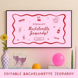 May include: A pink framed sign with the text "Oceania's Bachelorette Jeopardy!" in red. The sign is decorated with red doodles of hearts, a disco ball, and other party-themed icons. A vase with a yellow flower, two wine glasses, a pink balloon, and candles are in front.