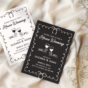 May include: Two black and white housewarming party invitations with a decorative border. The text on the invitations reads "Please join us for a House Warming" and includes the hosts' names, date, address, and RSVP information.