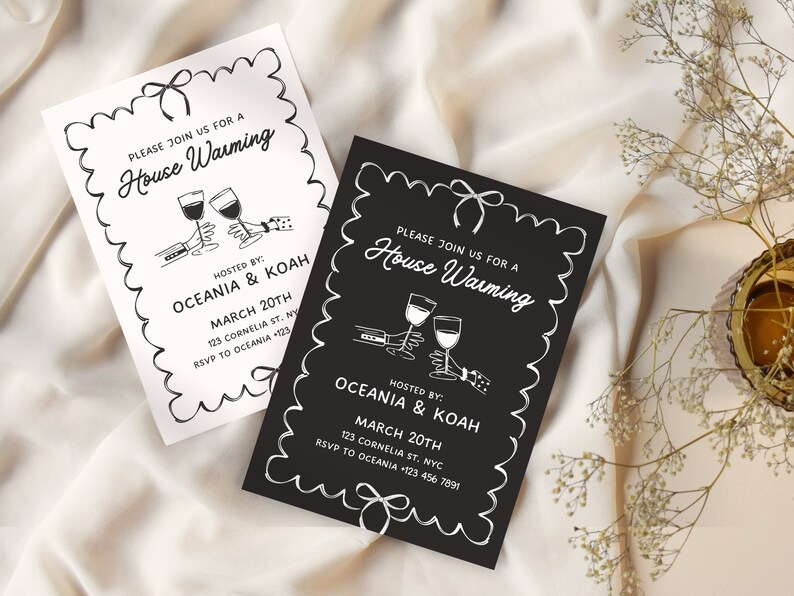May include: Two black and white housewarming party invitations with a decorative border. The text on the invitations reads "Please join us for a House Warming" and includes the hosts' names, date, address, and RSVP information.