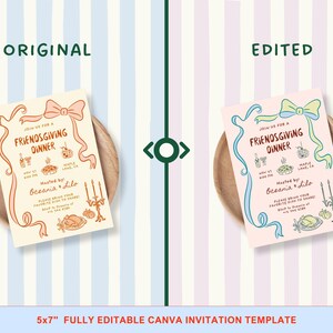 May include: A Friendsgiving dinner invitation template, featuring a cream-colored card with a bow and ribbon design. The card includes illustrations of food and candles, with the text "Friendsgiving Dinner". The invitation is on a wooden plate.