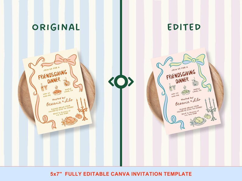May include: A Friendsgiving dinner invitation template, featuring a cream-colored card with a bow and ribbon design. The card includes illustrations of food and candles, with the text "Friendsgiving Dinner". The invitation is on a wooden plate.
