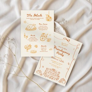 May include: Two cream-colored invitation cards with orange text and illustrations. One card reads "The Details" with a menu of food and drinks. The other card says "Friendsgiving Party" with event details and a table illustration.
