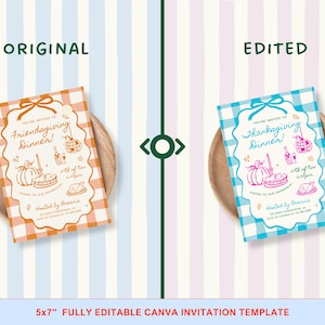 May include: Two 5x7 inch invitation templates featuring a gingham pattern and line art illustrations of a pumpkin, pie, turkey, and disco ball. The left template is orange and white, while the right template is blue and white with pink text.