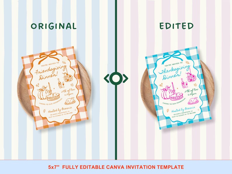 May include: Two 5x7 inch invitation templates featuring a gingham pattern and line art illustrations of a pumpkin, pie, turkey, and disco ball. The left template is orange and white, while the right template is blue and white with pink text.