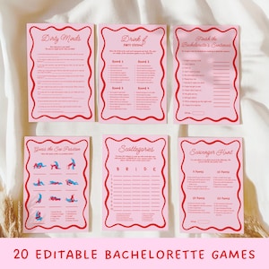 May include: Twenty printable bachelorette party games with pink and red backgrounds. The games include "Dirty Minds", "Drink If", "Finish the Bachelorette's Sentences", "Guess the Sex Position", "Scattergories", and "Scavenger Hunt".