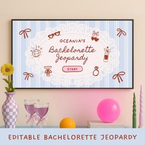May include: A digital screen displays a light blue and white striped background with a central white lace doily graphic. The text reads Oceania's Bachelorette Jeopardy with a Start button, surrounded by red line art icons of hearts, a disco ball, a ring, and a bottle.