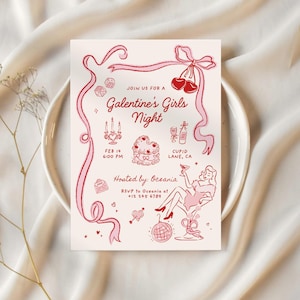 Galentines Party Invitation Hand Drawn Valentines Day Invite Whimsical Galentines Girls Night Invite Valentines Day Brunch Coquette Bow