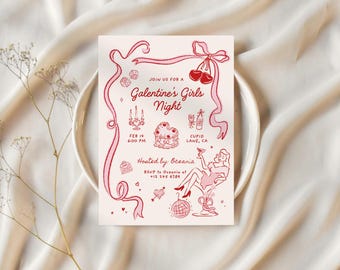 Zaproszenie na imprezę Galentines, ręcznie rysowane zaproszenie na Walentynki, fantazyjne zaproszenie na wieczór panieński Galentines, brunch walentynkowy, kokietka w kształcie kokietki