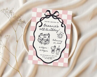 Hand gezeichnete Geburtstagsfeier-Einladungsvorlage Schwarze Schleife für 20.21.30.40.Bearbeitbare Coquette Bow-Invite-Cocktail-Geburtstags-Einladung