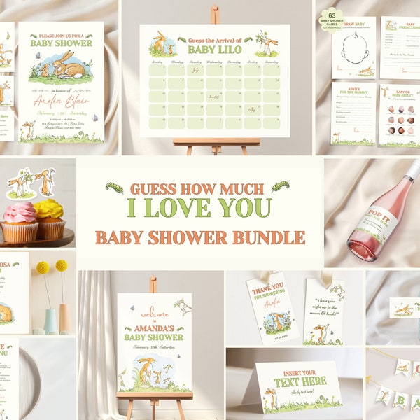 Guess How Much I Love You Baby Shower Bundle Invitation Template | Editable Big Little Nutbrown Hare Themed Party Printable Invite in Canva