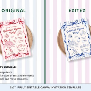 Op de afbeelding: Een uitnodigingssjabloon voor een Galentine's Pyjama Party, met een handgetekend ontwerp met een cocktailglas, discobal en andere feestelijke elementen. De uitnodiging staat op een gestreepte achtergrond en heeft bewerkbare tekst.