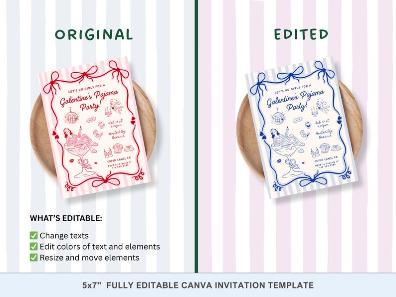 Op de afbeelding: Een uitnodigingssjabloon voor een Galentine's Pyjama Party, met een handgetekend ontwerp met een cocktailglas, discobal en andere feestelijke elementen. De uitnodiging staat op een gestreepte achtergrond en heeft bewerkbare tekst.