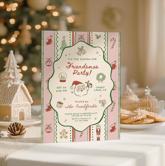 Friendsmas Party Invitation Hand Drawn Christmas Invite Dinner Party Whimsical Friendsmas Invite Xmas Party Invite Canva Holiday Christmas