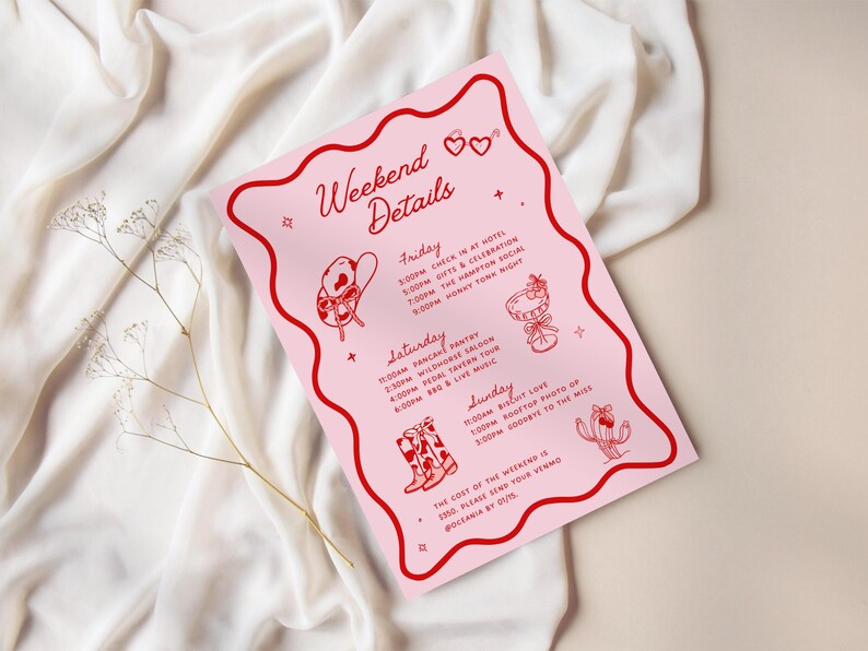 May include: A pink and red illustrated card with the text "Weekend Details" and a schedule of events for Friday, Saturday, and Sunday. The events include a pancake pantry, a saloon, a pedal tavern tour, live music, and a biscuit brunch.