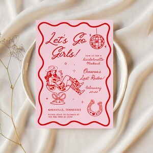 Let's Go Girls Bachelorette Party Invitation Itinerary Western Last Rodeo Bachelorette Cowgirl Hat Hand Drawn Nashville Bachelorette Invite image 7