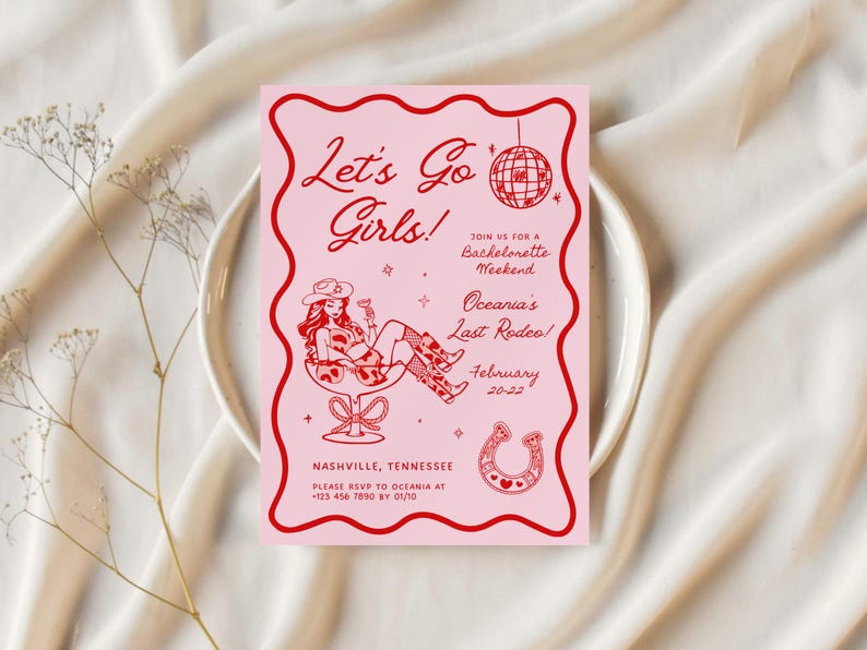 Let's Go Girls Bachelorette Party Invitation Itinerary Western Last Rodeo Bachelorette Cowgirl Hat Hand Drawn Nashville Bachelorette Invite image 7