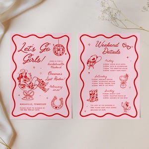 May include: Pink and red invitation cards with a western theme. The text on the cards reads "Let's Go Girls!" and "Weekend Details". The cards feature a cowgirl illustration, a horseshoe, and a cactus.