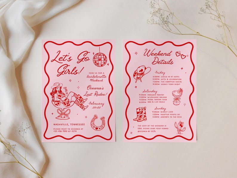 May include: Pink and red invitation cards with a western theme. The text on the cards reads "Let's Go Girls!" and "Weekend Details". The cards feature a cowgirl illustration, a horseshoe, and a cactus.