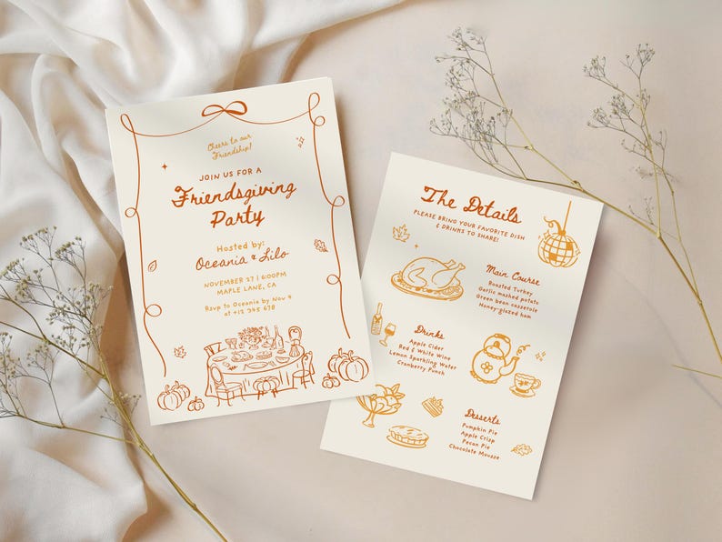 May include: Two cream-colored Friendsgiving party invitations with orange illustrations and text. One invitation reads "Join us for a Friendsgiving Party" and includes details. The other lists menu details. The invitations are on a cream-colored surface.
