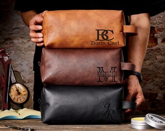 Kit Dopp de cuero personalizado para hombres, bolsa de artículos de tocador con monograma, bolsa de afeitado con nombre personalizado, bolsa de artículos de tocador de viaje, regalo de aniversario para él, regalos para hombres