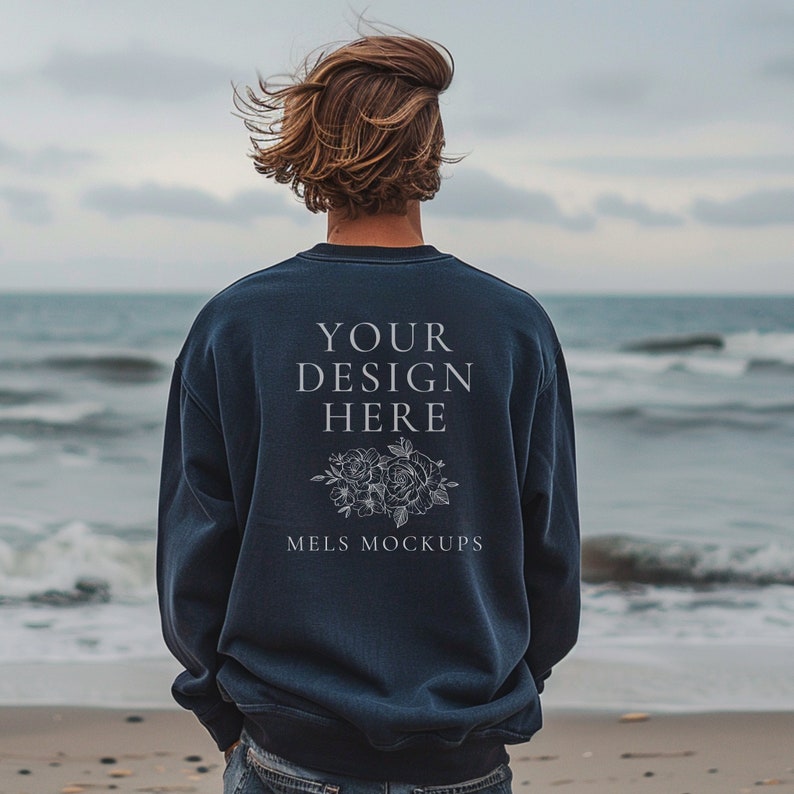 Mens Navy Gildan 18000 Sweatshirt Mockup, Blue Sweater Back View Mock ...