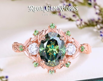 Nature Inspired Green Moissanite Floral Branch Engagement Ring Dainty Three Stone Wedding Ring Unique Green Tsavorite Halo Anniversary Ring