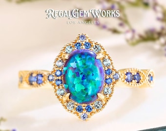 Vintage Oval shaped black opal wedding ring Sapphire lace design art blue opal engagement ring Unique sapphire cluster 14k gold promise ring