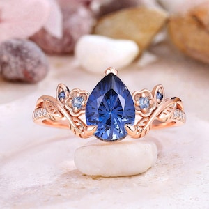 Vintage Pear Firework Cut Sapphire Engagement Ring Art Deco Branch Leaf Sapphire Wedding Ring Personalized 14k Rose Gold Anniversary Ring