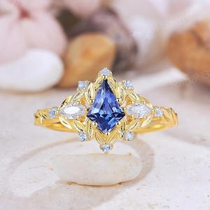 Dainty Kite Cut Sapphire Bridal Promise Ring Unique Blue Topaz Leaf Design Engagement Ring Kite Sapphire Wedding Ring Anniversary Gift Ring