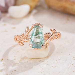 Unique Coffin Shape Green Agate Ring 14K Rose Gold Leaf Vine Ring Moss Agate Engagement Ring Aquatic Agate Solitaire Ring Anniversary Gift