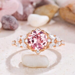 Vintage Oval Cut Pink Sapphire Engagement Ring Nature Inspired Marquise Diamond Leaf Wedding Ring Unique Pink Sapphire Flower Promise Ring