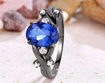 Nature Inspired Oval Cut Sapphire Engagement Ring Custom Sapphire Solitaire Wedding Band Black Gold Promise Rings for Women Gift for Her