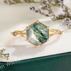 Antique Hexagon Moss Agate Engagement Ring Unique Nature Inspired 14k Gold Green Agate Wedding Ring Delicate bridal ring gift gift for women