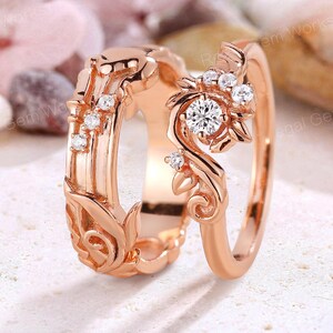 2pcs Nature Inspired Couple Ring 14kGold Diamond Men&#39;s Wedding Band His and Hers Promise Ring Leaf Engagement Ring for Women Gift for Couple