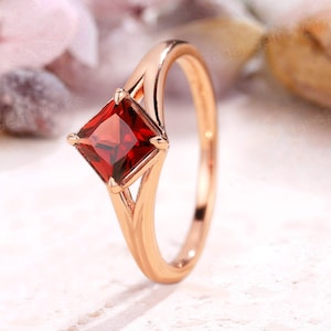 Dainty Princess Cut Ruby Engagement Ring Minimalist Ruby Solitaire Wedding Ring Rose Gold Promise Ring for Women Anniversary Gift for Wife