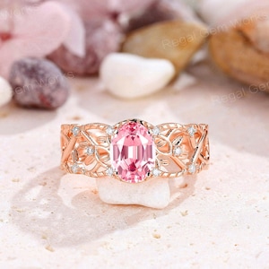 14k Gold Oval Pink Sapphire Engagement Ring Art Deco Leaf Cluster Moissanite Promise Ring Starlight Sapphire Wedding Ring Best Gift for Wife