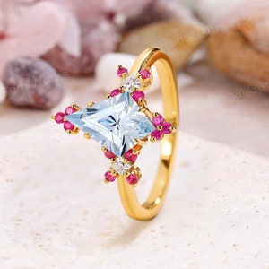 Personlig fyrverkerislipad akvamarin förlovningsring 14K guld kite akvamarin vigselring för kvinnor med rubin marslöfte jubileumsring