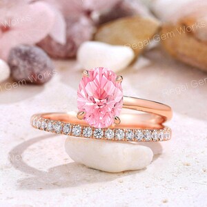 Oval Firework Cut Pink Sapphire Engagement Ring Handmade Peach Sapphire Promise Ring Bridal Gift 14k Rose Gold Moissanite Open Wedding Ring