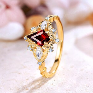 Unique Kite Cut Ruby Floral Engagement Ring Nature Inspired Sapphire Halo Women Leaf Wedding Ring July Birthstone Ring Handmade Ruby Jewelry