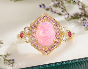 Antique Pink Opal Engagement Ring Oval shaped Pink Opal bridal ring Wedding Ring With Double Pink Sapphire Halo Dainty anniversary gift Ring