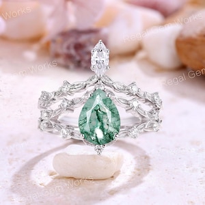 Naturalny zestaw pierścionków zaręczynowych z agatu mchu 925 Srebrny Moissanite Liść Pasujący do obrączki ślubnej Naturalny zestaw pierścionków zaręczynowych z zielonego agatu