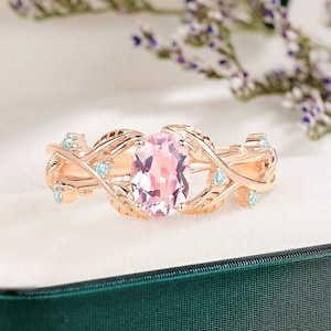 Oval pink sapphire engagement ring rose gold blue moissanite leaf wedding ring natura inspired pink sapphire Vine promise ring gift for wife
