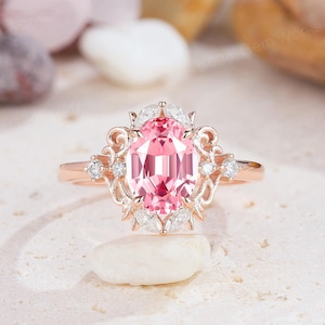 Oval Cut Pink Sapphire Floral Engagement Ring Rose Gold Diamond Vine Wedding Ring Pink Sapphire Bridal Promise Ring Anniversary Ring for Her