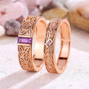 Leaf Amethyst Couple Matching Ring 14K Rose Gold Nature Inspired Wedding Rings for Couple Men&#39;s Amethyst Wedding Rings Custom Couple Jewelry