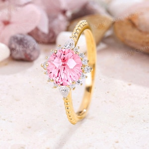 Vintage Round Cut Pink Sapphire Flower Engagement Ring 14K Solid Gold Halo Moissanite Wedding Ring Dainty Sapphire Promise Ring Gift for Her